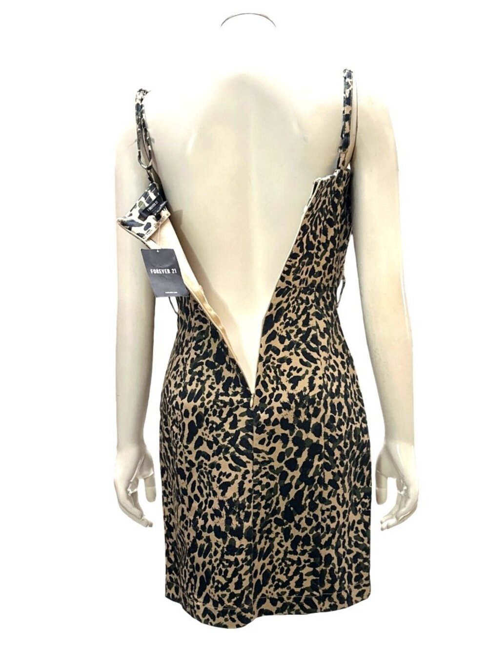 Forever 21 M Leopard Print Mini Dress Beige Black Spaghetti Strap Front Slit Zip - Picture 6 of 12